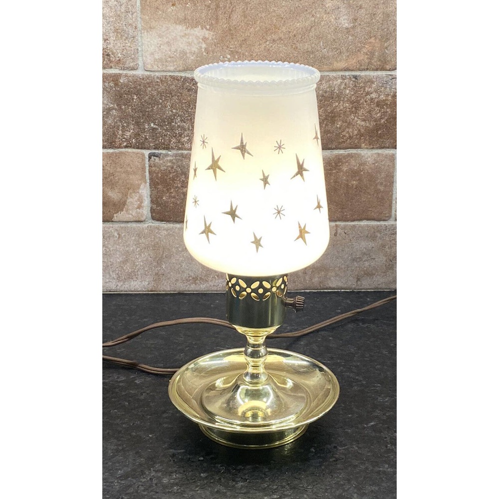 MCM Starburst Atomic Lamp Tabletop Milk Glass Globe Gold Stars 1950's 11" Retro